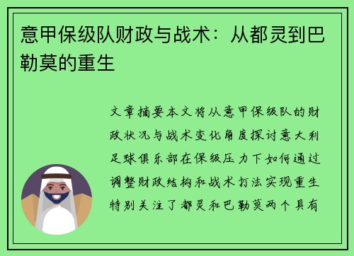 意甲保级队财政与战术：从都灵到巴勒莫的重生